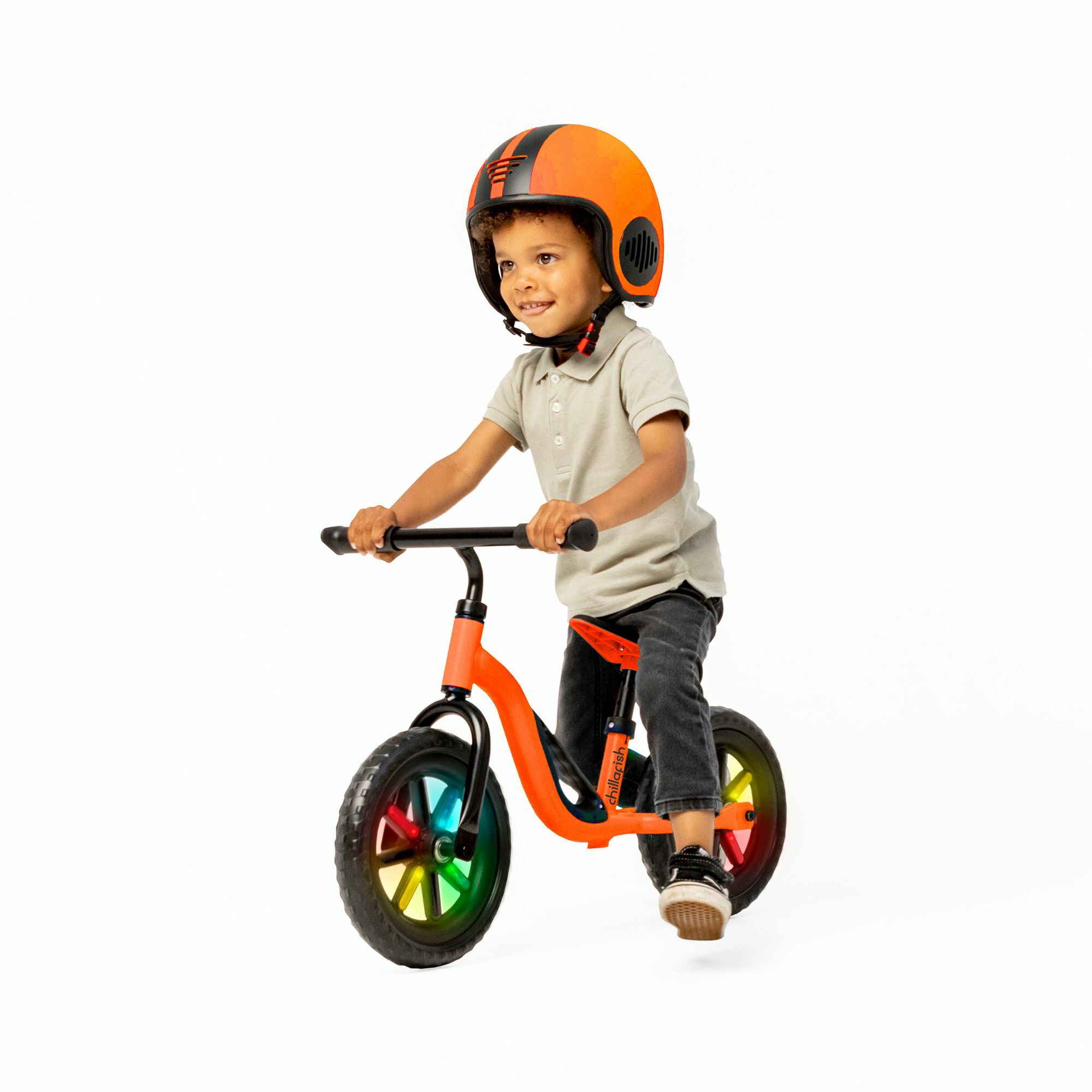 Bicicleta de echilibru, Chillafish, Charlie Glow, Reglabila, Cu spite luminoase, Greutate 2.5 Kg, Roti din spuma EVA, 10 inch, 18 - 48 luni, Orange