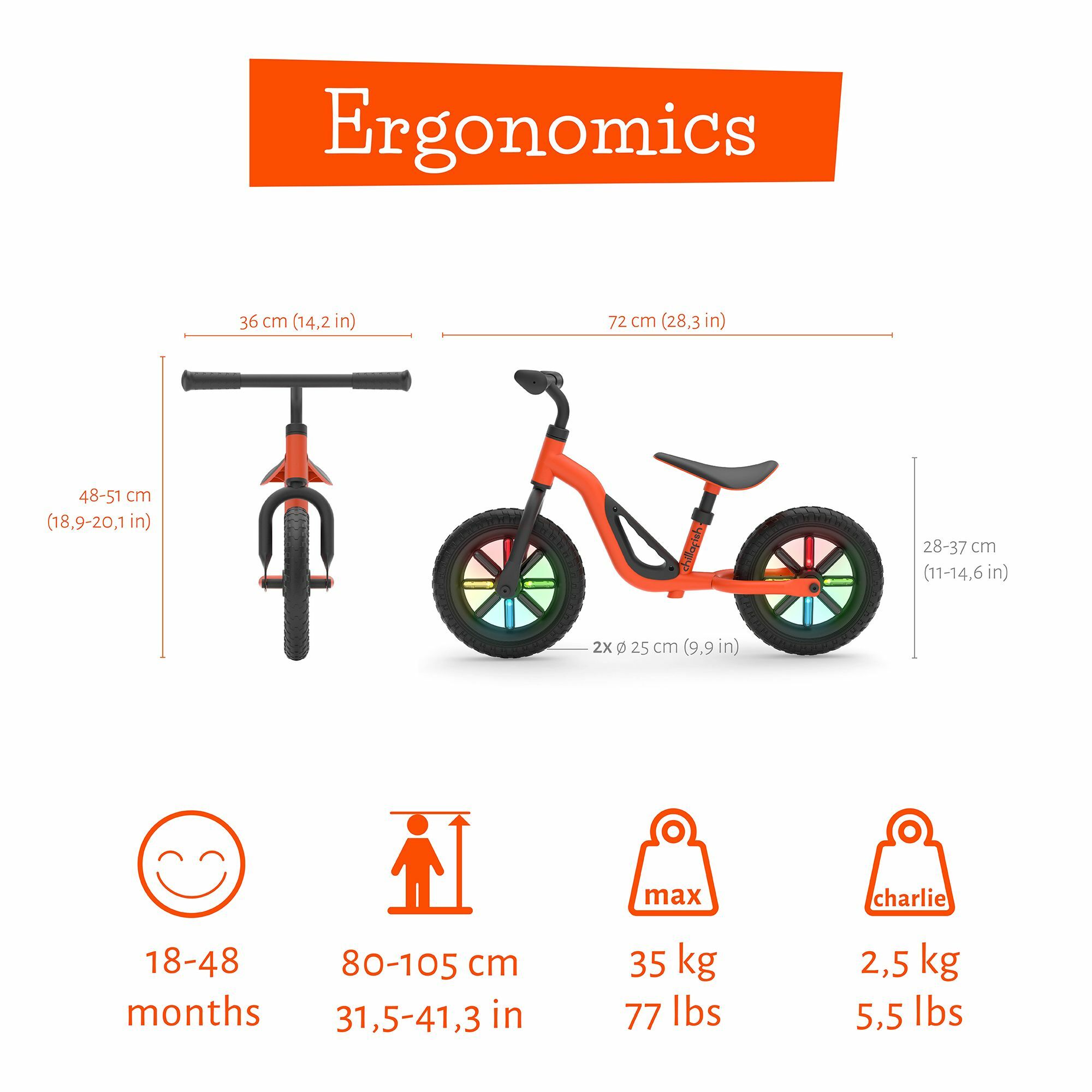 Bicicleta de echilibru, Chillafish, Charlie Glow, Reglabila, Cu spite luminoase, Greutate 2.5 Kg, Roti din spuma EVA, 10 inch, 18 - 48 luni, Orange