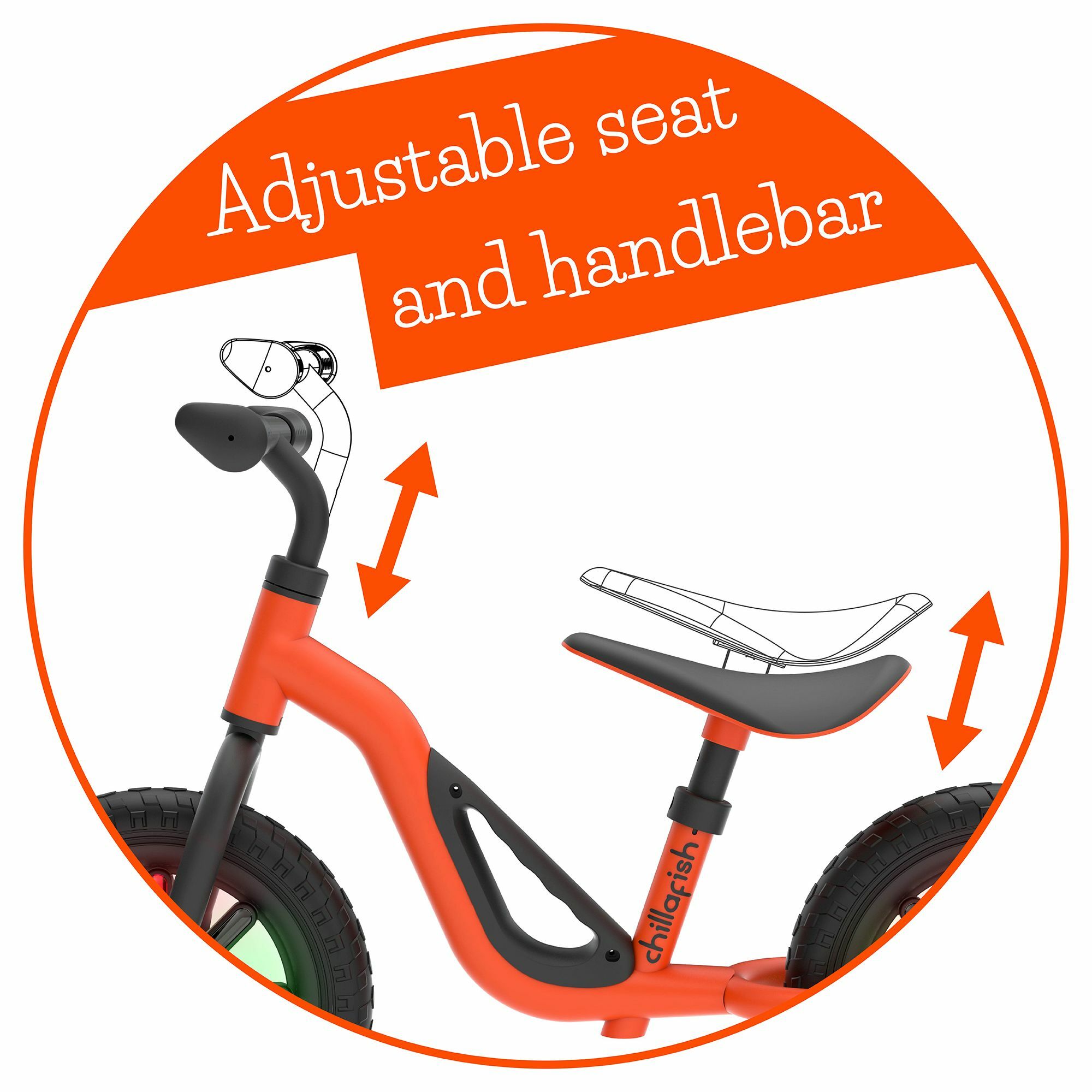 Bicicleta de echilibru, Chillafish, Charlie Glow, Reglabila, Cu spite luminoase, Greutate 2.5 Kg, Roti din spuma EVA, 10 inch, 18 - 48 luni, Orange
