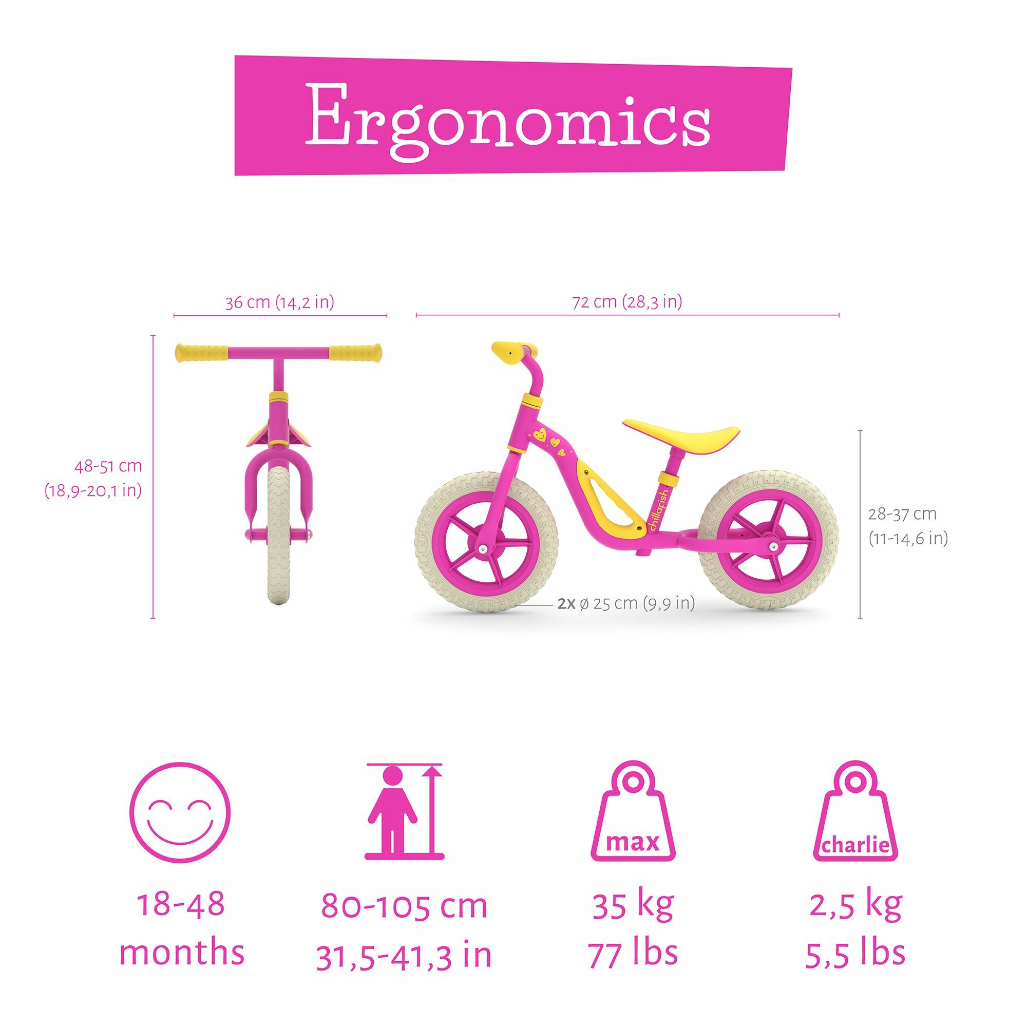 Bicicleta de echilibru, Chillafish, Charlie, Cu ghidon si sa reglabile, Greutate 2.5 Kg, Roti din spuma EVA, 10 inch, 18 - 48 luni, Pink