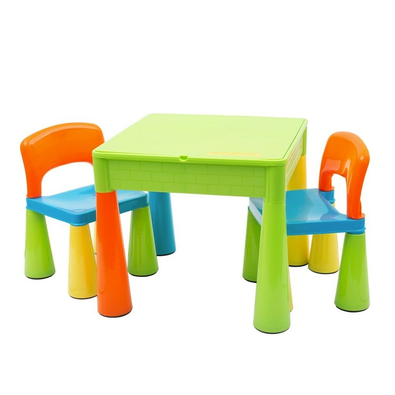 Set masuta si doua scaune, New Baby, Pentru copii, Multicolor, Cu parte detasabila si reversibila, Partea reversibila pentru Lego Duplo