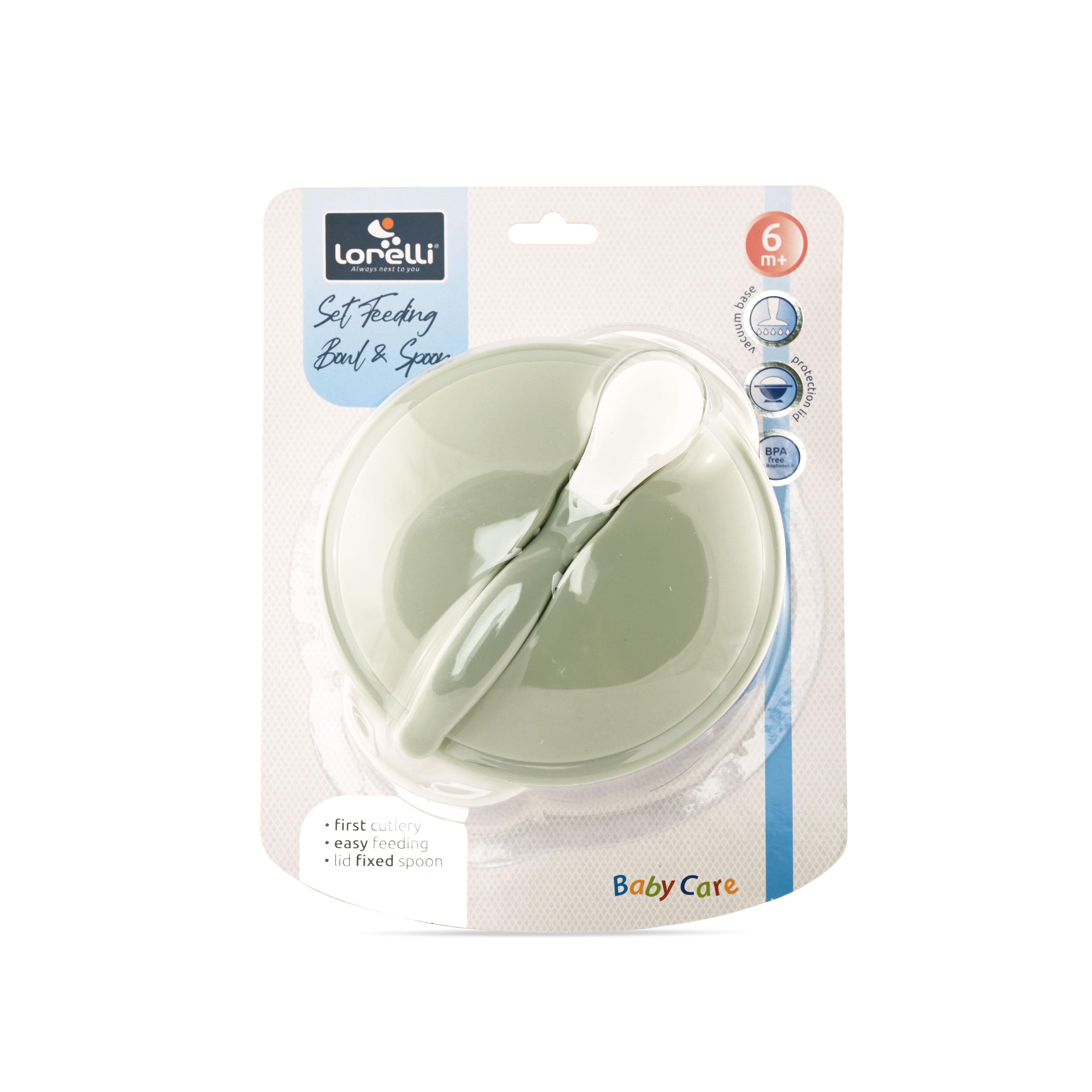 Set castron cu ventuza, Lorelli, capac si lingurita, ventuza antiderapanta, Mint Green