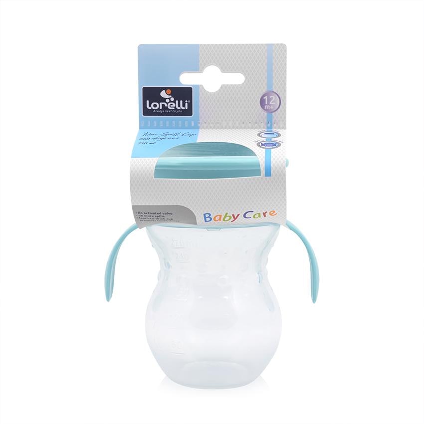 Cana de tranzitie anti-varsare, Lorelli, sistem de baut din orice pozitie 360 grade, 12 luni+, forma ergonomica, capac protectie, 270 ml, Blue