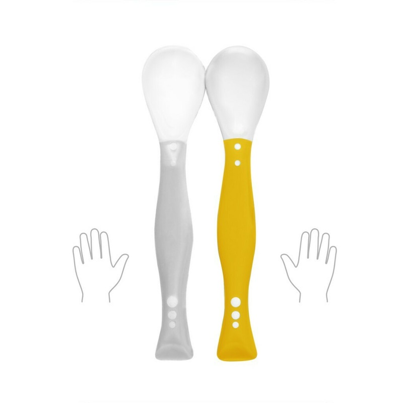 Set 2 lingurite BabyOno, Flexibile, Unisex, Cu memorie, Fara BPA, 6 luni+, Gri/Galben