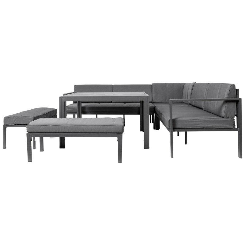 Set mobilier gradina/terasa Sofia, aluminiu, 6 piese, masa, 2 canapele, 2 bancute, 1 element de colt, perne, gri