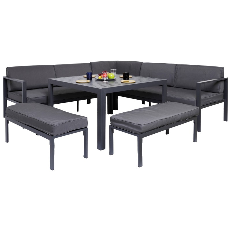 Set mobilier gradina/terasa Sofia, aluminiu, 6 piese, masa, 2 canapele, 2 bancute, 1 element de colt, perne, gri