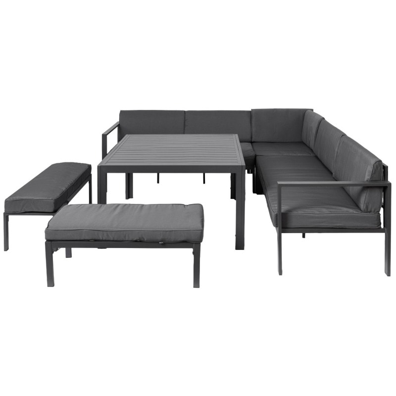 Set mobilier gradina/terasa Sofia, aluminiu, 6 piese, masa, 2 canapele, 2 bancute, 1 element de colt, perne, gri