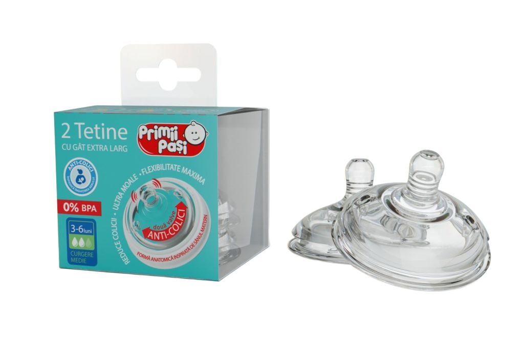 Tetine gat extralarg Primii Pasi EWP1005, curgere rapida, 2 valve, anticolici, 2 buc/blister, 6Luni+
