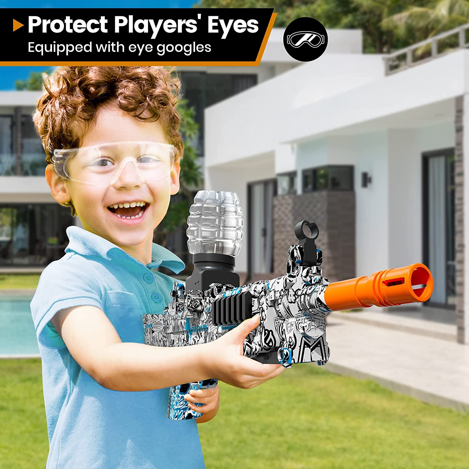 Pistol electric cu bile de gel, bile cu stropire automata, cu ochelari de protectie, 50000 munitie, activitati in aer liber, joc in echipa, pentru baieti si fete, 12 ani +