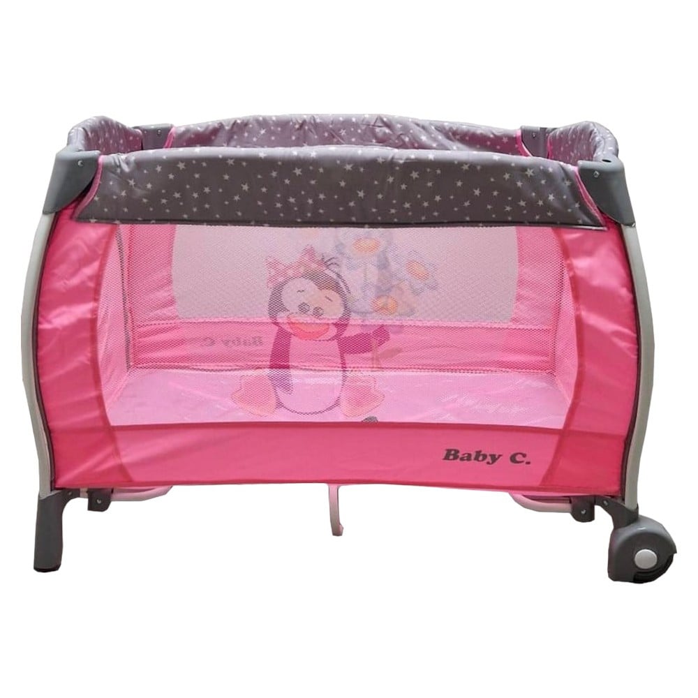 Patut Pliabil rotund cu balansoar, Tarc copii Baby Care PRO FRW, 2 Niveluri de inaltime, Cu melodii si Masa infasat, Carusel cu jucarii din plus, Plasa insecte, Roz
