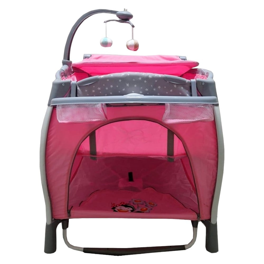 Patut Pliabil rotund cu balansoar, Tarc copii Baby Care PRO FRW, 2 Niveluri de inaltime, Cu melodii si Masa infasat, Carusel cu jucarii din plus, Plasa insecte, Roz