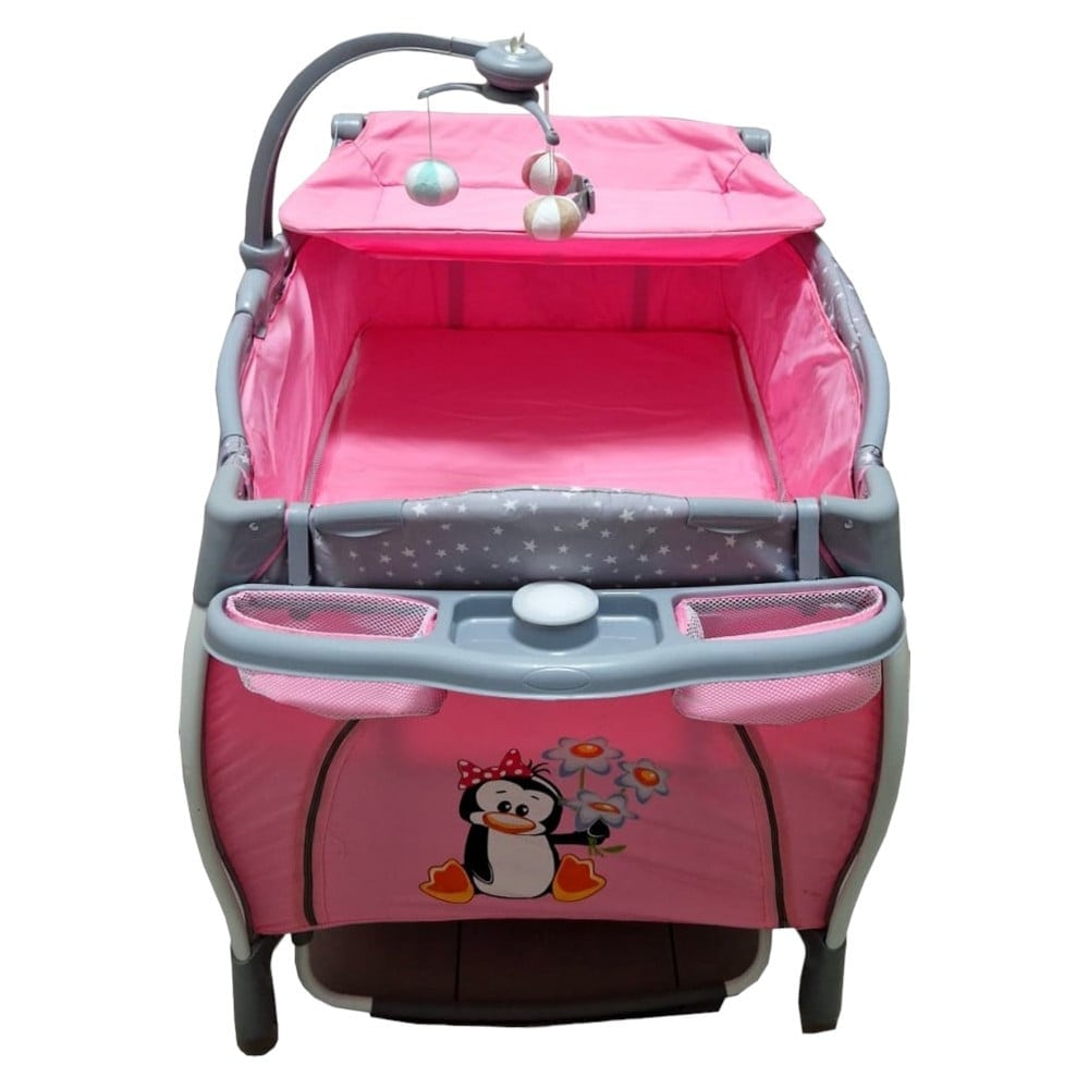 Patut Pliabil rotund cu balansoar, Tarc copii Baby Care PRO FRW, 2 Niveluri de inaltime, Cu melodii si Masa infasat, Carusel cu jucarii din plus, Plasa insecte, Roz
