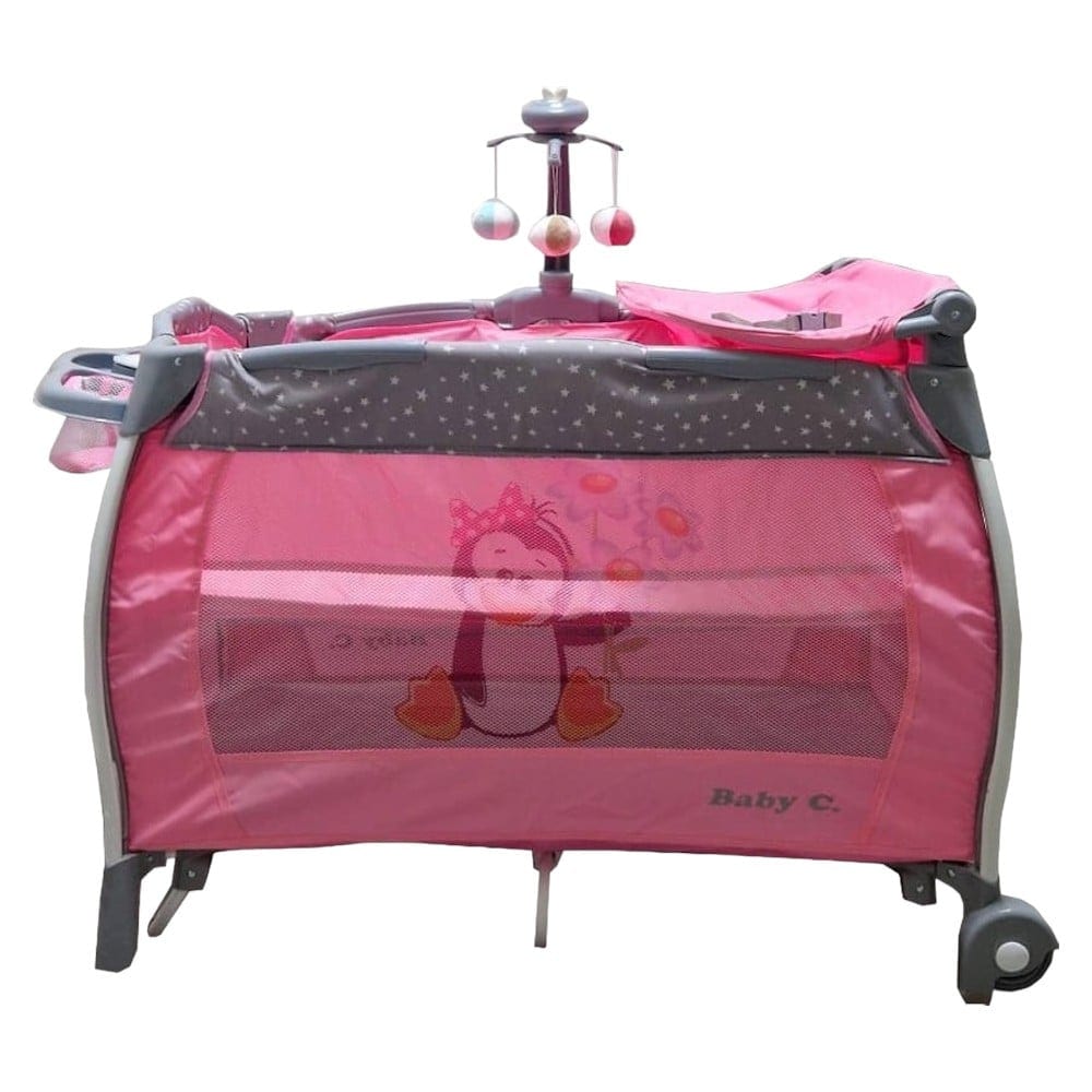Patut Pliabil rotund cu balansoar, Tarc copii Baby Care PRO FRW, 2 Niveluri de inaltime, Cu melodii si Masa infasat, Carusel cu jucarii din plus, Plasa insecte, Roz