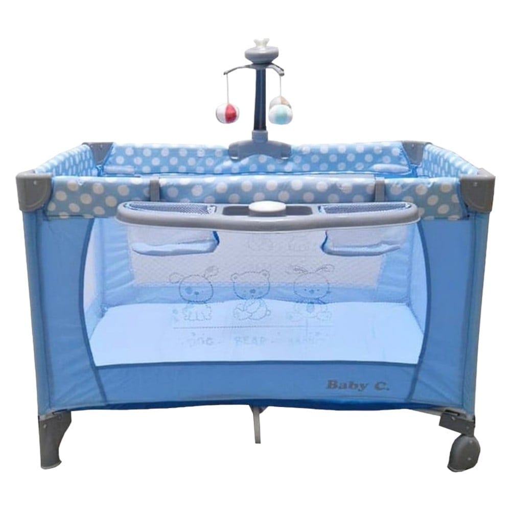 Patut Pliabil si Tarc copii Baby Care PRO FMAT, 2 Niveluri de inaltime, Cu melodii si Masa infasat, Carusel cu jucarii din plus, Plasa insecte, Albastru