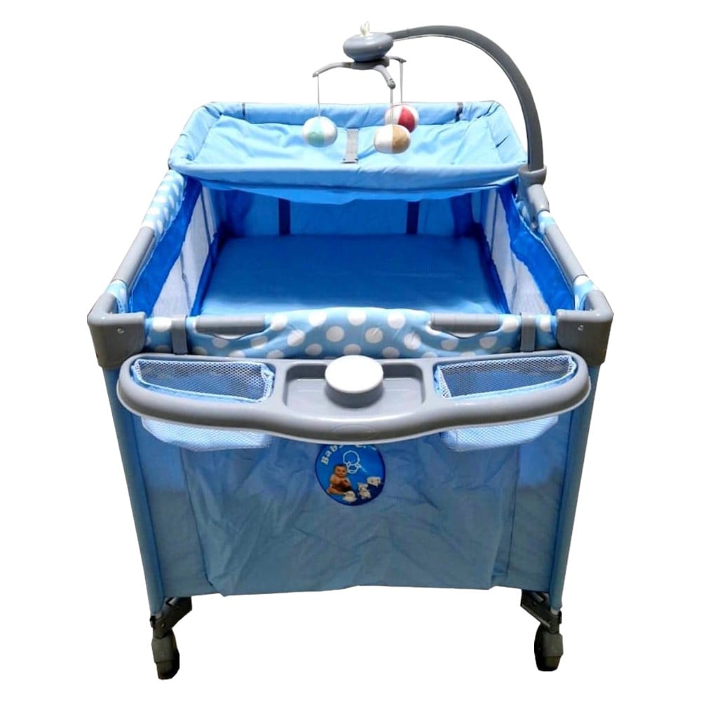 Patut Pliabil si Tarc copii Baby Care PRO FMAT, 2 Niveluri de inaltime, Cu melodii si Masa infasat, Carusel cu jucarii din plus, Plasa insecte, Albastru