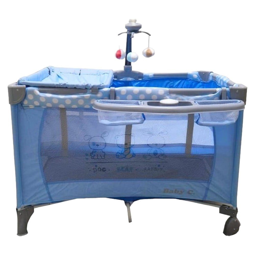 Patut Pliabil si Tarc copii Baby Care PRO FMAT, 2 Niveluri de inaltime, Cu melodii si Masa infasat, Carusel cu jucarii din plus, Plasa insecte, Albastru