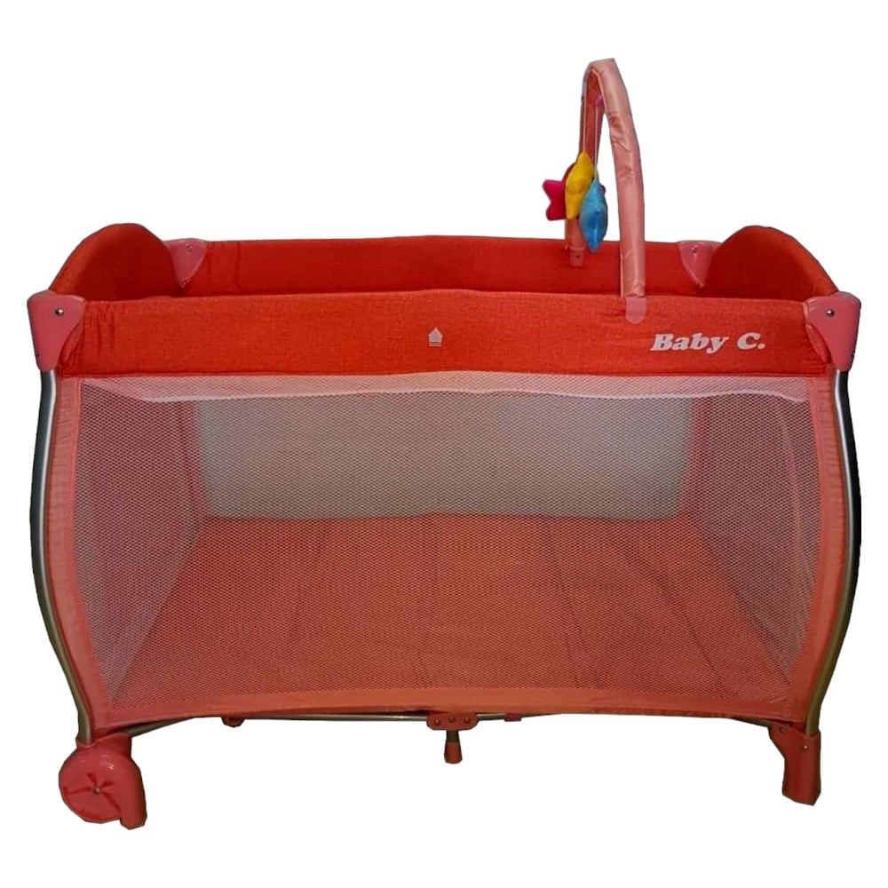 Patut Pliant NOVOKIDS Baby C XXL, 110X80 cm, transforabil in Tarc Copii, 2 Niveluri, Masa infasat detasabila, Jucarii plus, geanta transport, Corai