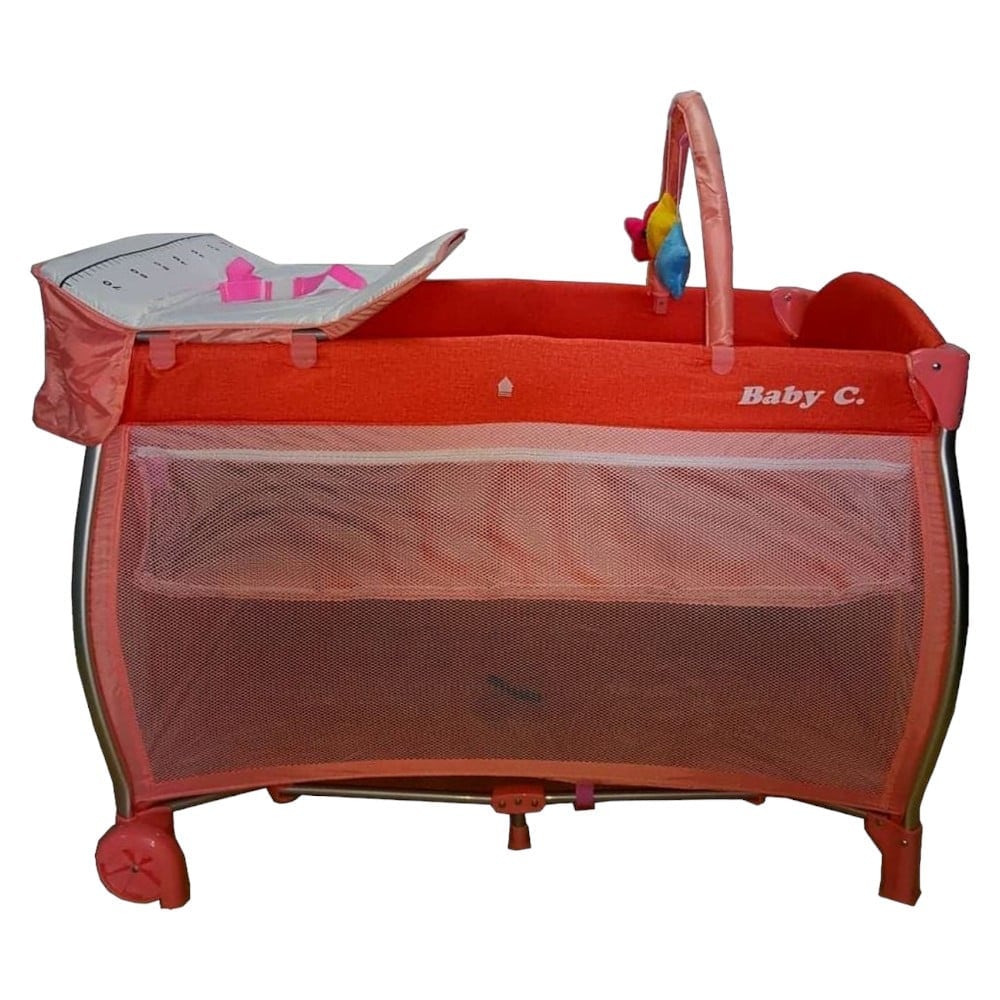 Patut Pliant NOVOKIDS Baby C XXL, 110X80 cm, transforabil in Tarc Copii, 2 Niveluri, Masa infasat detasabila, Jucarii plus, geanta transport, Corai