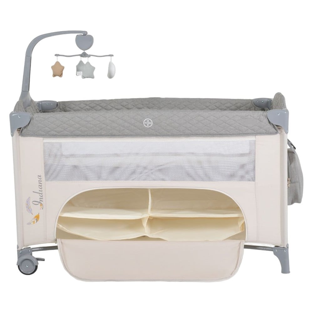 Patut pliant transformabil in tarc copii NOVOKIDS Indiana NEST, 62X125 cm, 2 Niveluri, Jucarie Carusel muzical, Fermoar acces lateral, Geanta bebe, Gri