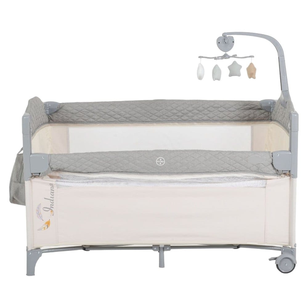 Patut pliant transformabil in tarc copii NOVOKIDS Indiana NEST, 62X125 cm, 2 Niveluri, Jucarie Carusel muzical, Fermoar acces lateral, Geanta bebe, Gri