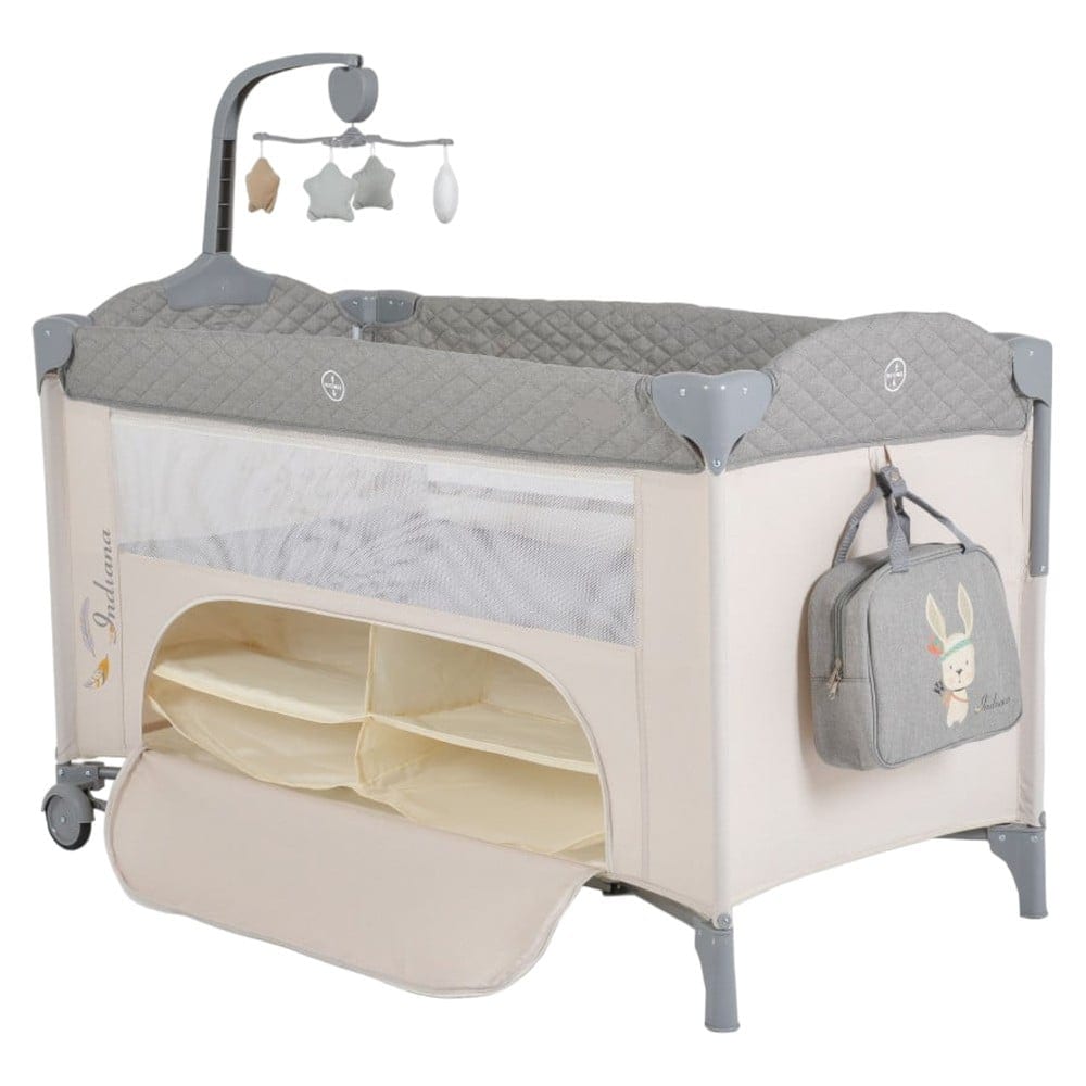 Patut pliant transformabil in tarc copii NOVOKIDS Indiana NEST, 62X125 cm, 2 Niveluri, Jucarie Carusel muzical, Fermoar acces lateral, Geanta bebe, Gri