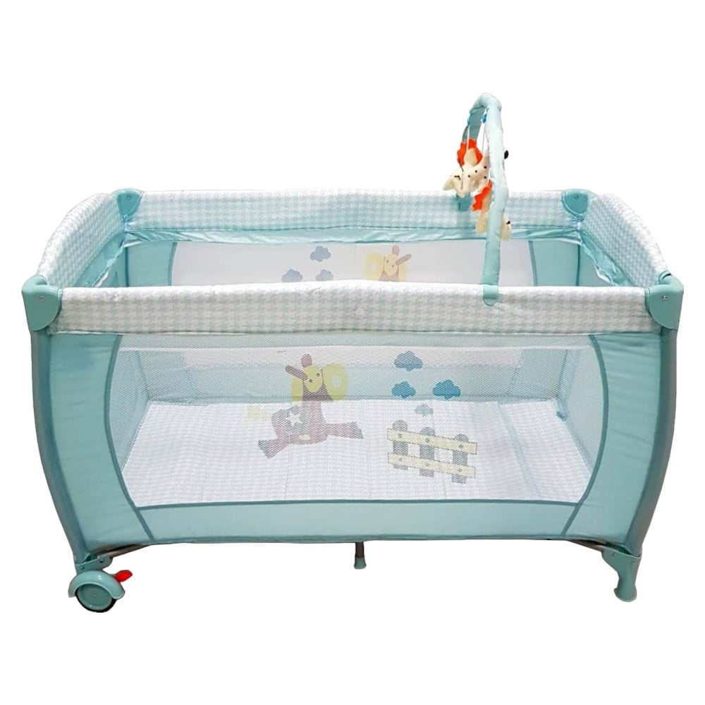 Patut Pliant, Tarc copii Baby Care NEST, Pliabil pe 2 Niveluri cu muzica si Masa infasat, Jucarie Carusel cu jucarii din plus, geanta transport inclusa, Verde cu animalute