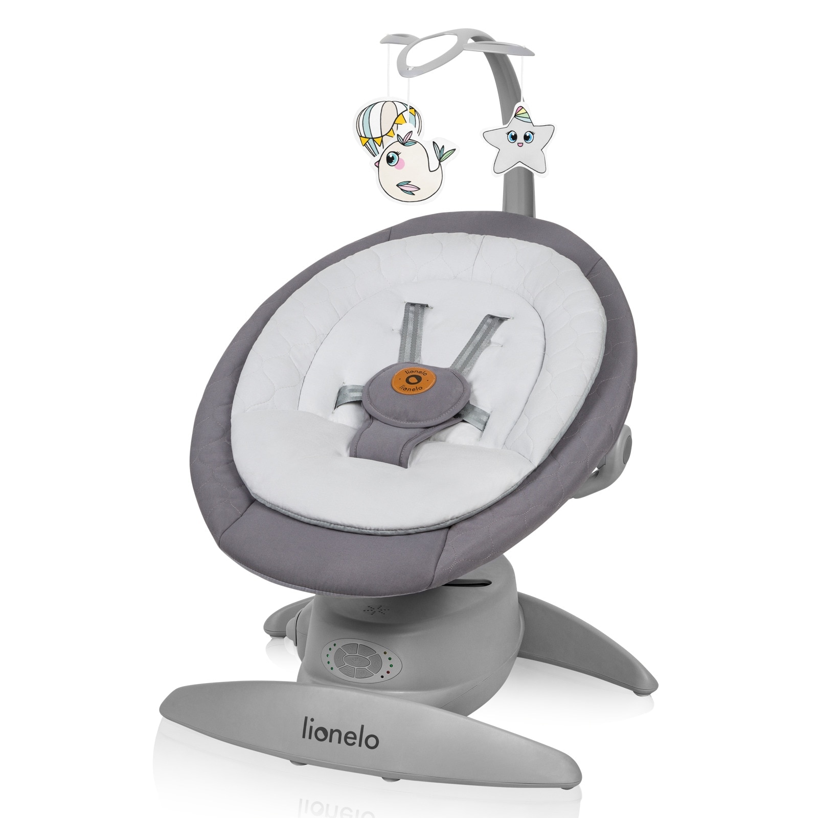 Balansoar, Lionelo, Mell, 2 in 1, Rotire 360 grade, Electric, Cu 3 moduri de leganare, 5 viteze, Cu timer, 12 melodii, Pana la 9 kg, Gri