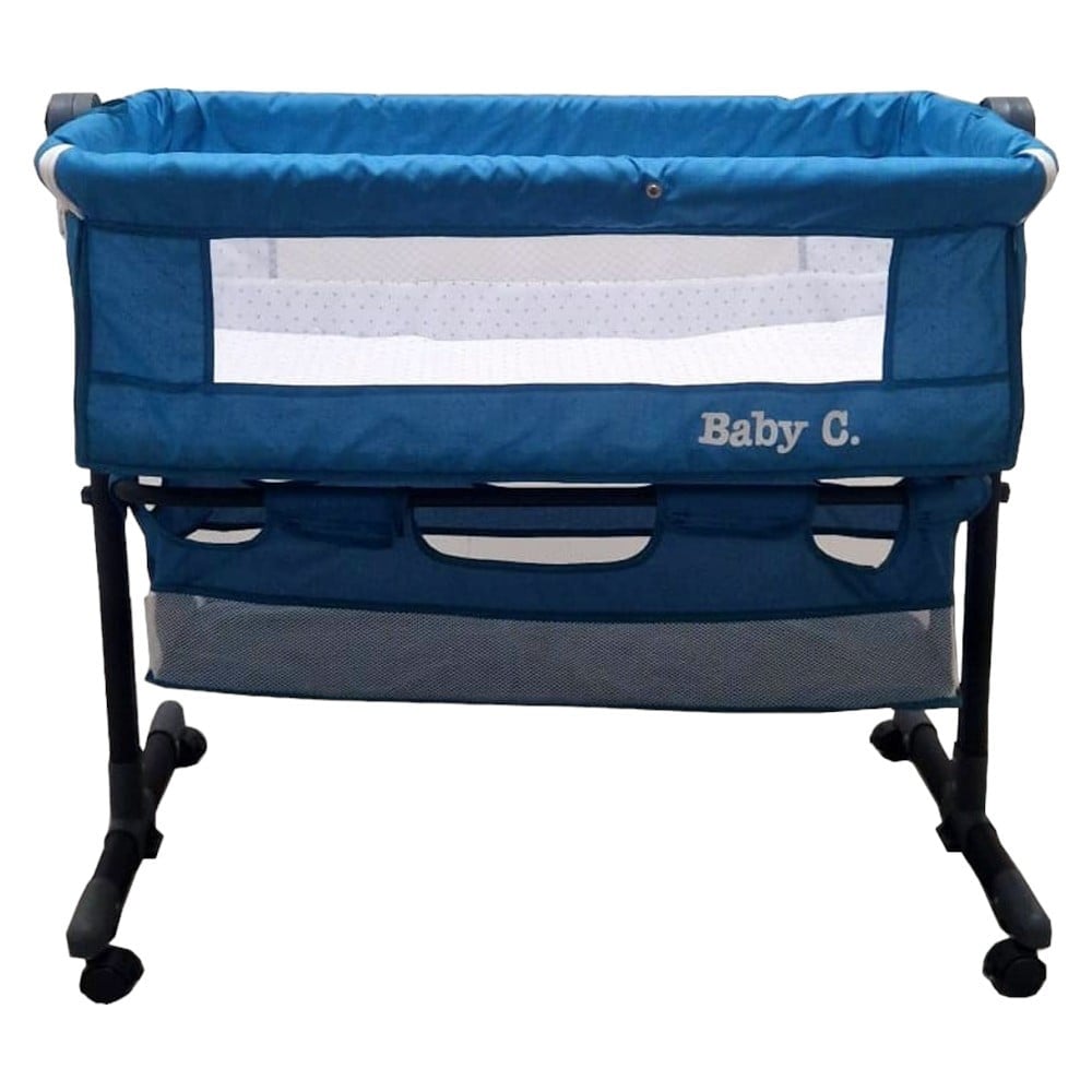 Patut copii transformabil in balansoar bebe Baby Care Co-Sleeper, Cu plasa insecte, Roti cu frana, Dimensiuni 85X95X50 cm, Saltea inclusa, Albastru Turquoise