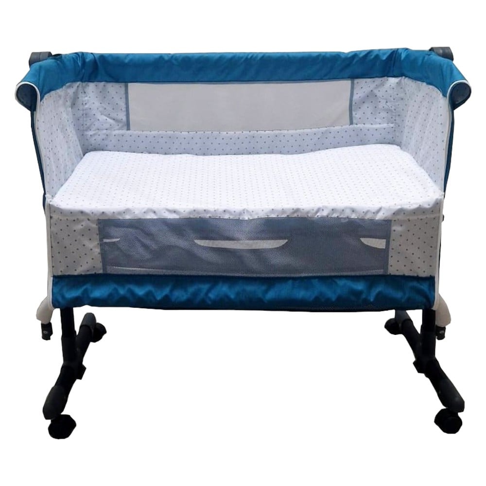 Patut copii transformabil in balansoar bebe Baby Care Co-Sleeper, Cu plasa insecte, Roti cu frana, Dimensiuni 85X95X50 cm, Saltea inclusa, Albastru Turquoise