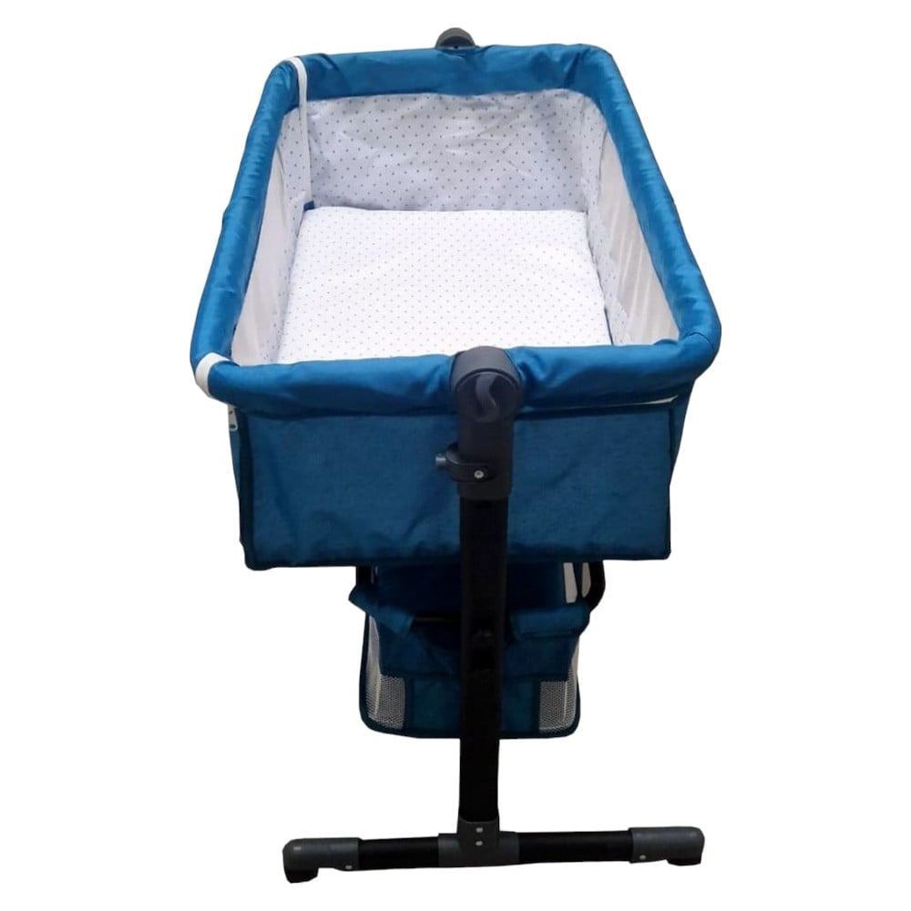 Patut copii transformabil in balansoar bebe Baby Care Co-Sleeper, Cu plasa insecte, Roti cu frana, Dimensiuni 85X95X50 cm, Saltea inclusa, Albastru Turquoise
