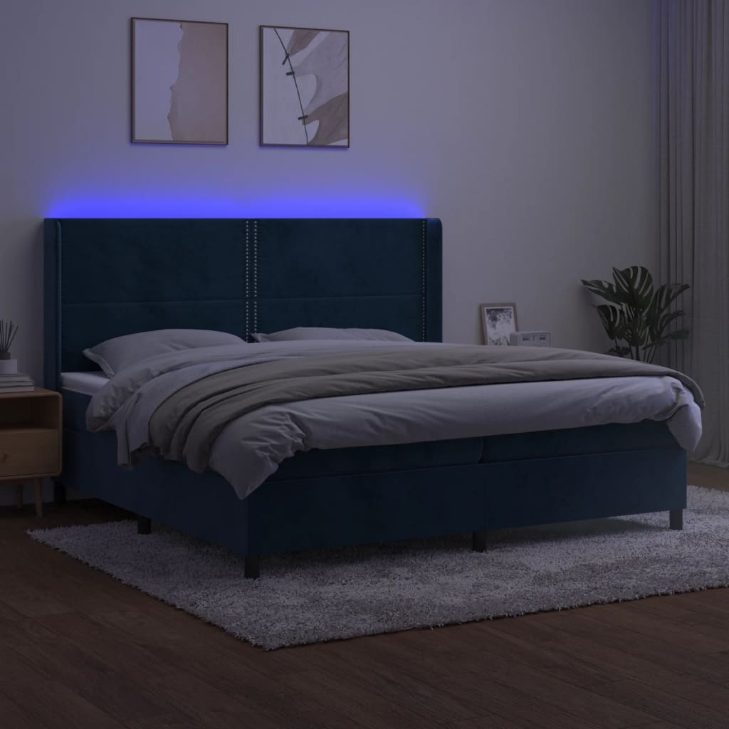 Pat cu arcuri vidaXL, 200x200 cm, catifea, saltea si LED, bleumarin