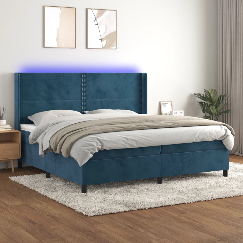 Pat cu arcuri vidaXL, 200x200 cm, catifea, saltea si LED, bleumarin