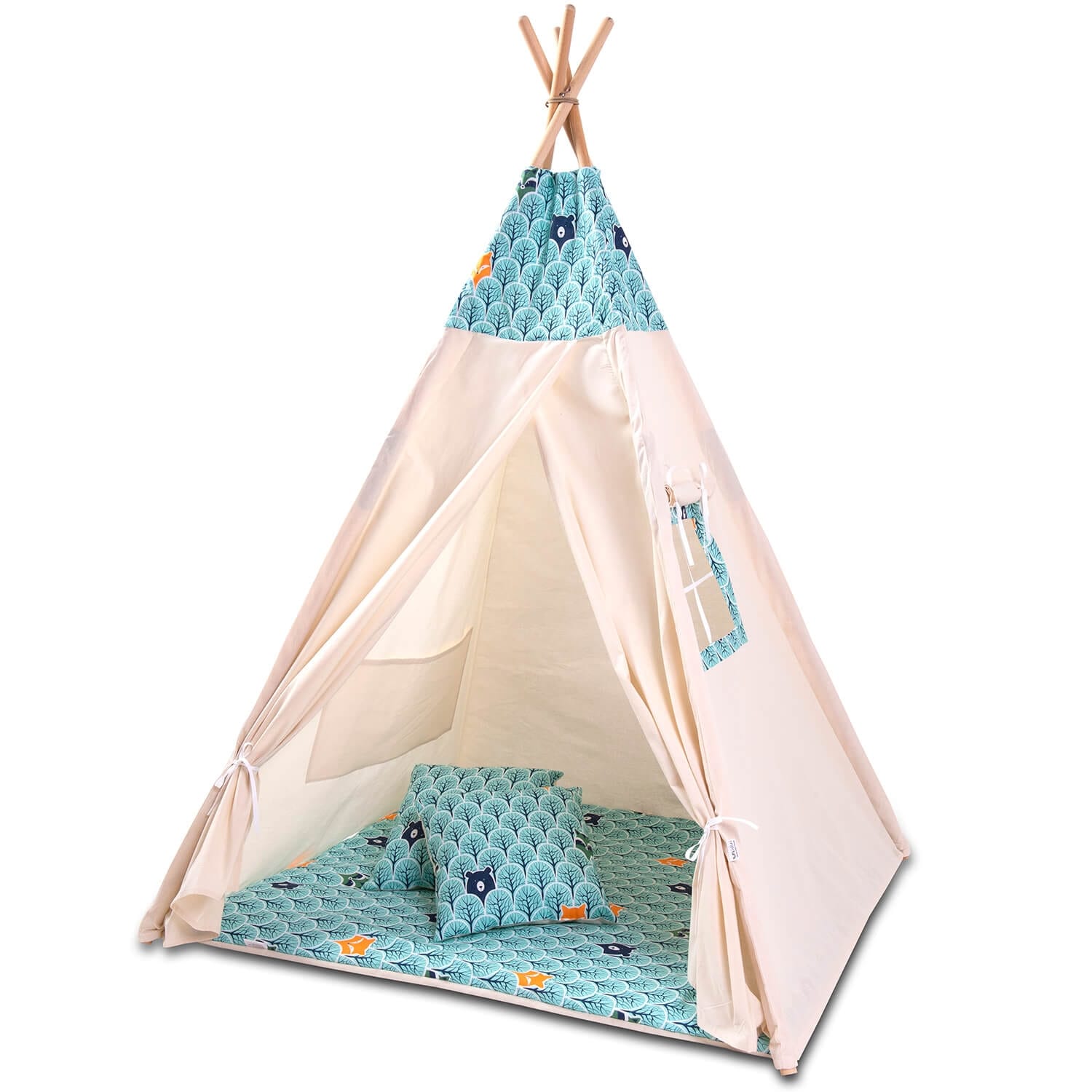 Cort copii stil indian Teepee Tent Kidizi Animals Mint include covoras gros si 2 perne stabilizator cadou