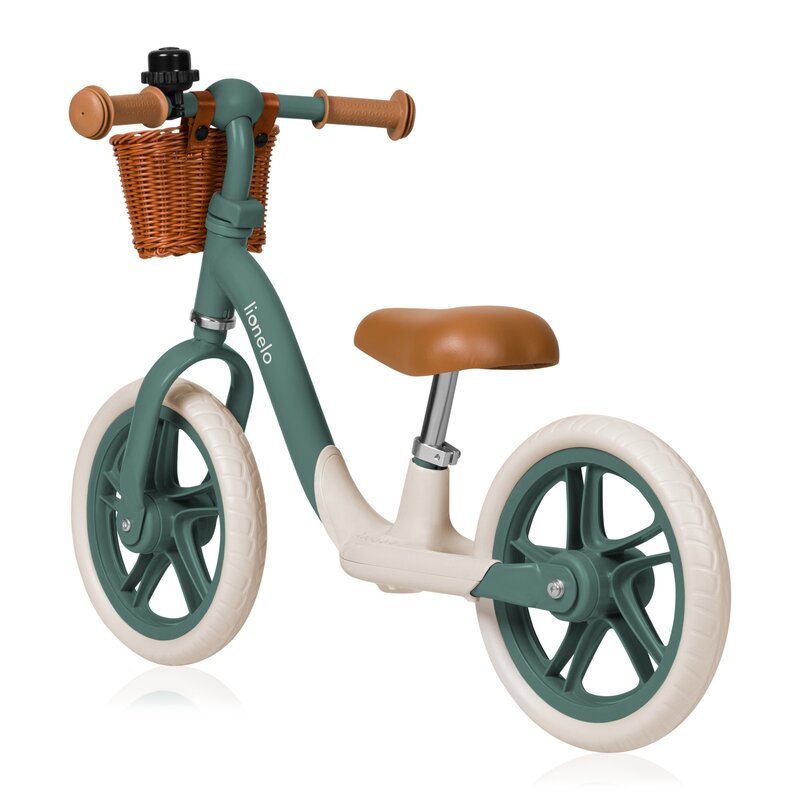 Bicicleta fara pedale, Lionelo, Alex Plus, Cu ghidon si sa reglabile, Cos depozitare si sonerie, Din otel, Roti din spuma EVA, 12 inch, Green Forest