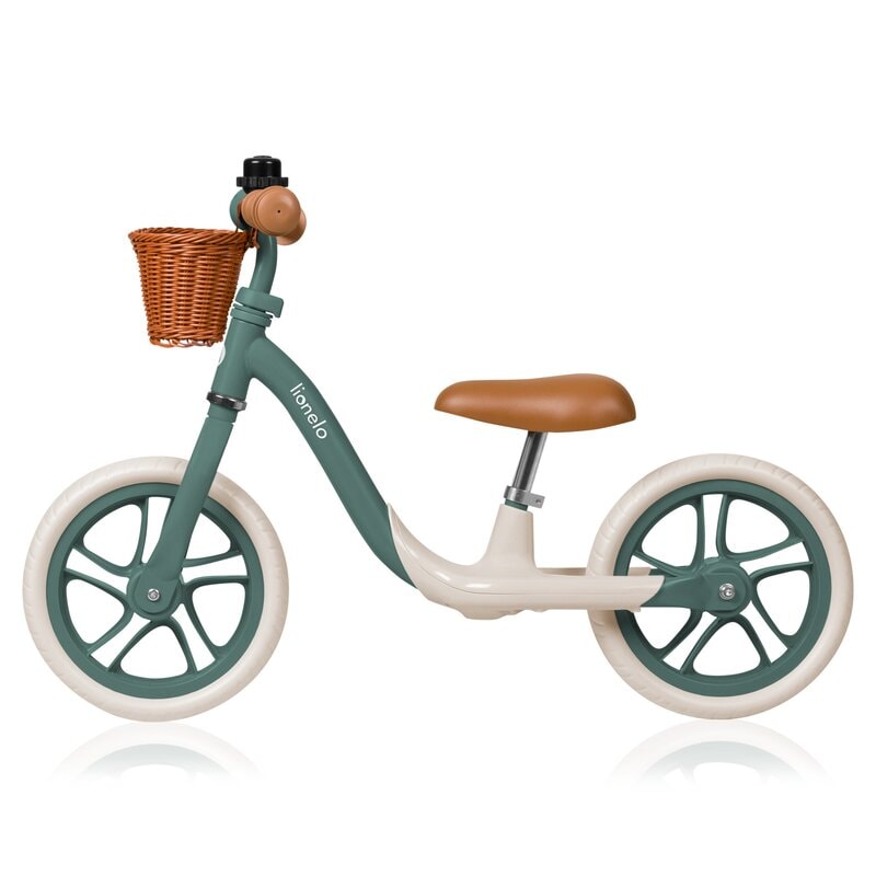 Bicicleta fara pedale, Lionelo, Alex Plus, Cu ghidon si sa reglabile, Cos depozitare si sonerie, Din otel, Roti din spuma EVA, 12 inch, Green Forest