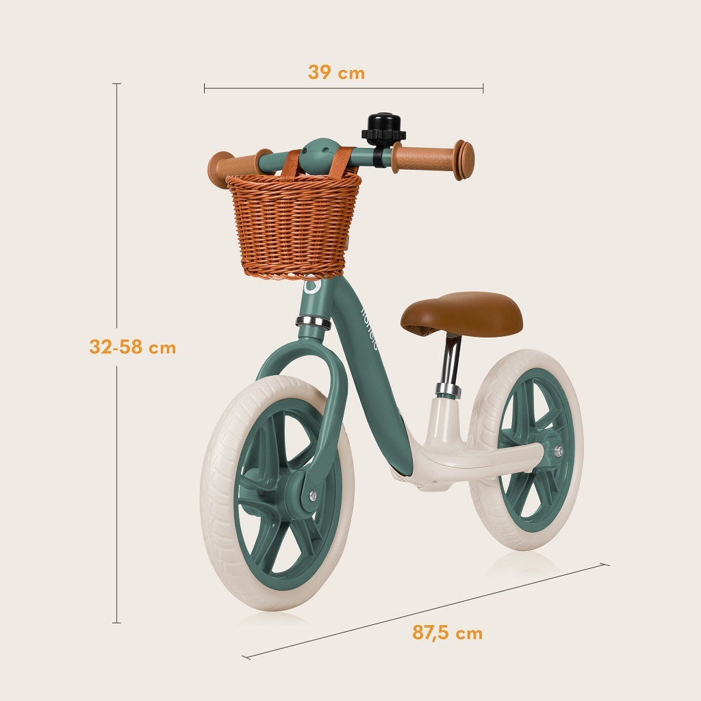 Bicicleta fara pedale, Lionelo, Alex Plus, Cu ghidon si sa reglabile, Cos depozitare si sonerie, Din otel, Roti din spuma EVA, 12 inch, Green Forest
