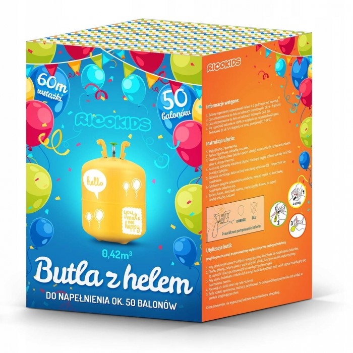 Set Complet Petrecere Baloane, Butelie cu Heliu, ISP LikeSmart, cu 50 de Baloane Colorate, 60m de Panglica, Heliu 0,42 m3