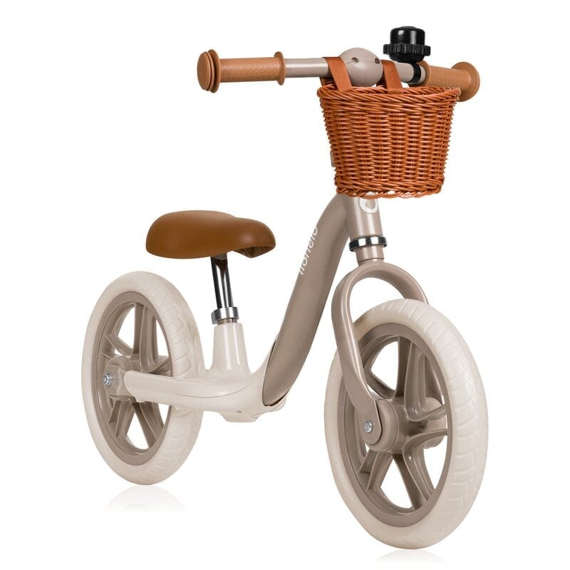 Bicicleta fara pedale Lionelo Alex Plus, Cu ghidon si sa reglabile, Cos depozitare si sonerie, Din otel, Cu roti din spuma EVA, 12 inch, Beige Sand