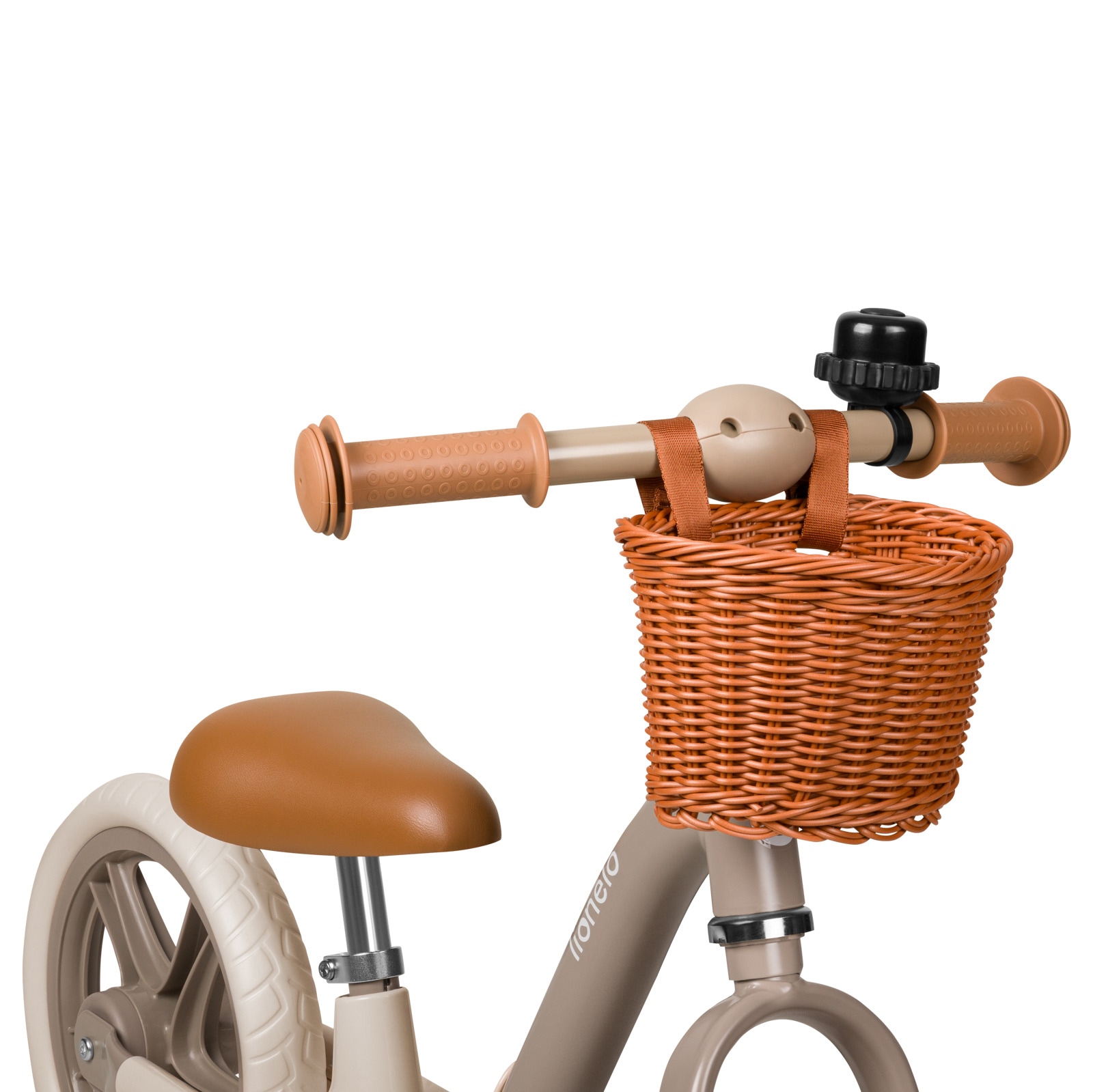 Bicicleta fara pedale Lionelo Alex Plus, Cu ghidon si sa reglabile, Cos depozitare si sonerie, Din otel, Cu roti din spuma EVA, 12 inch, Beige Sand