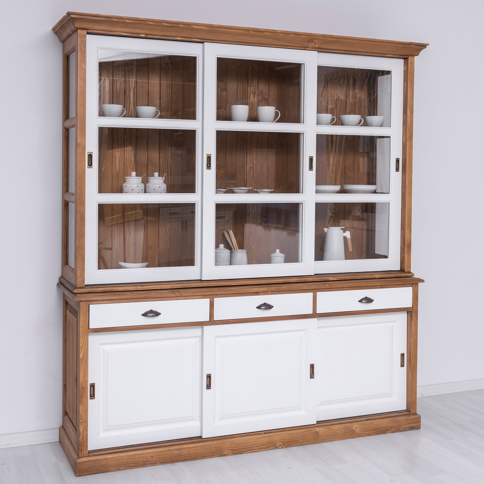 Bufet bucatarie BAS, lemn masiv, 206 x 53 x 219 cm, maro deschis-alb