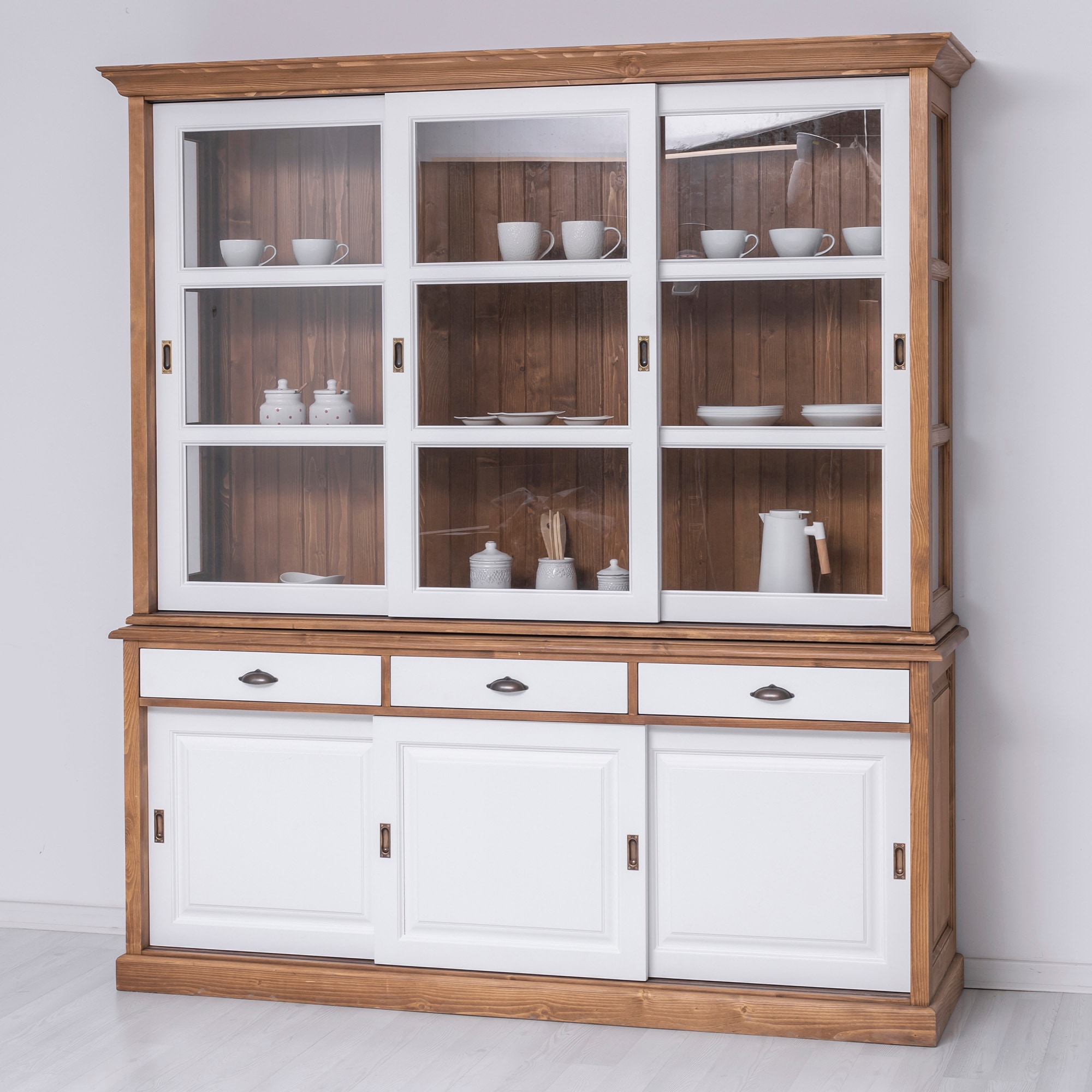 Bufet bucatarie BAS, lemn masiv, 206 x 53 x 219 cm, maro deschis-alb