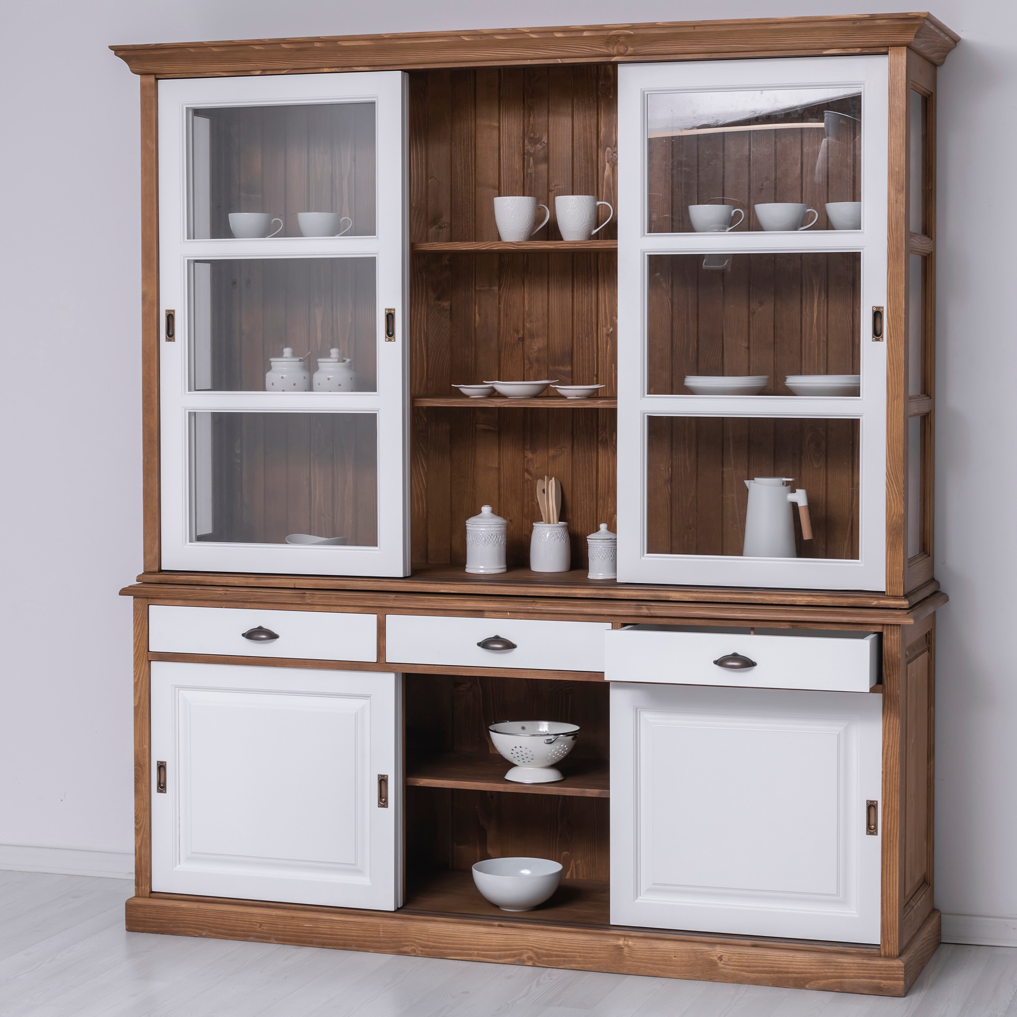 Bufet bucatarie BAS, lemn masiv, 206 x 53 x 219 cm, maro deschis-alb