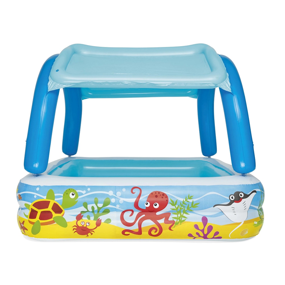 Piscina pentru copii Bestway, gonflabila, confectionata din PVC, cu 2 inele gonflabile, cu protectie solara, 140 x 140 x 114 cm, 265 litri