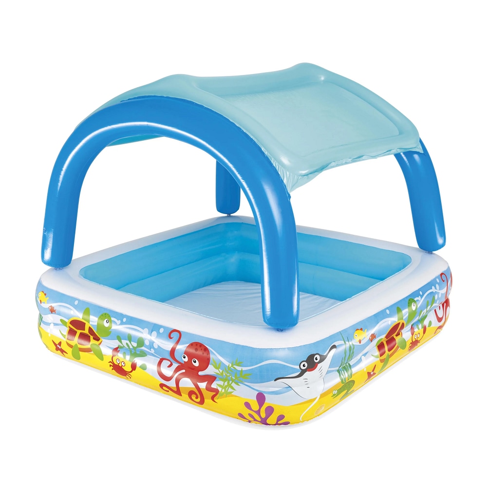 Piscina pentru copii Bestway, gonflabila, confectionata din PVC, cu 2 inele gonflabile, cu protectie solara, 140 x 140 x 114 cm, 265 litri