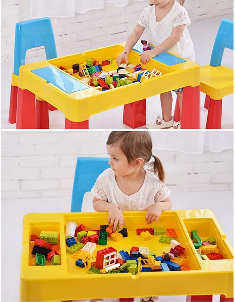 Set masa lego si 2 scaune, cu spatiu de depozitare pentru diferite activitati, picioare antiderapante, multicolor, buz