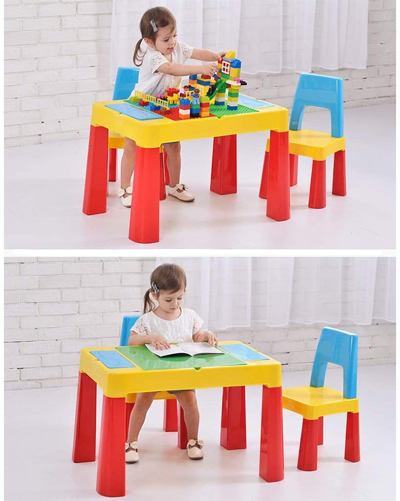 Set masa lego si 2 scaune, cu spatiu de depozitare pentru diferite activitati, picioare antiderapante, multicolor, buz