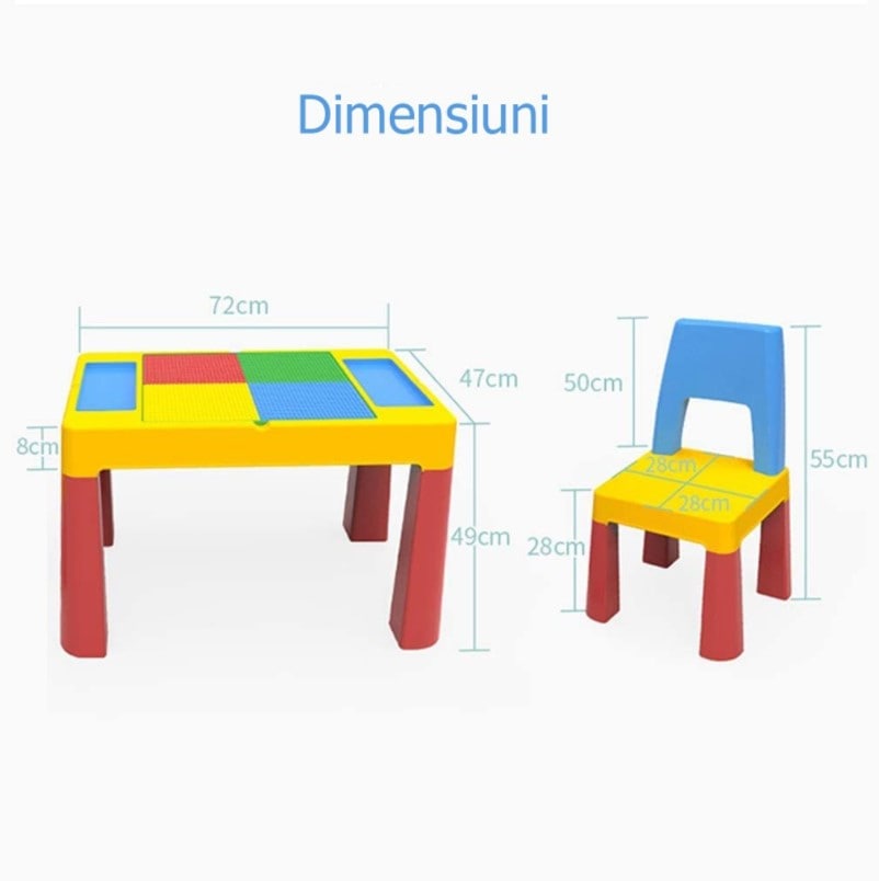 Set masa lego si 2 scaune, cu spatiu de depozitare pentru diferite activitati, picioare antiderapante, multicolor, buz