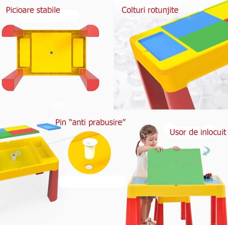 Set masa lego si 2 scaune, cu spatiu de depozitare pentru diferite activitati, picioare antiderapante, multicolor, buz