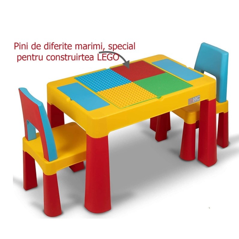 Set masa lego si 2 scaune, cu spatiu de depozitare pentru diferite activitati, picioare antiderapante, multicolor, buz