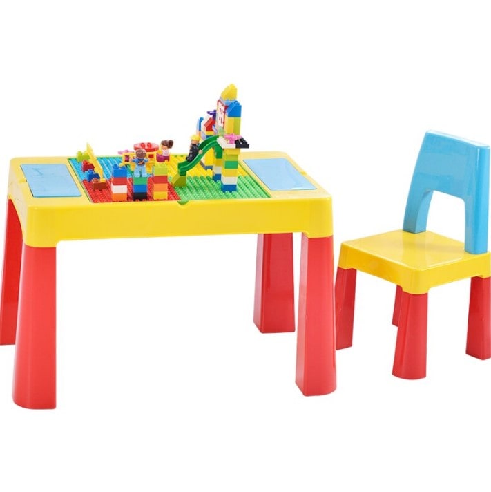 Set masa lego si 2 scaune, cu spatiu de depozitare pentru diferite activitati, picioare antiderapante, multicolor, buz